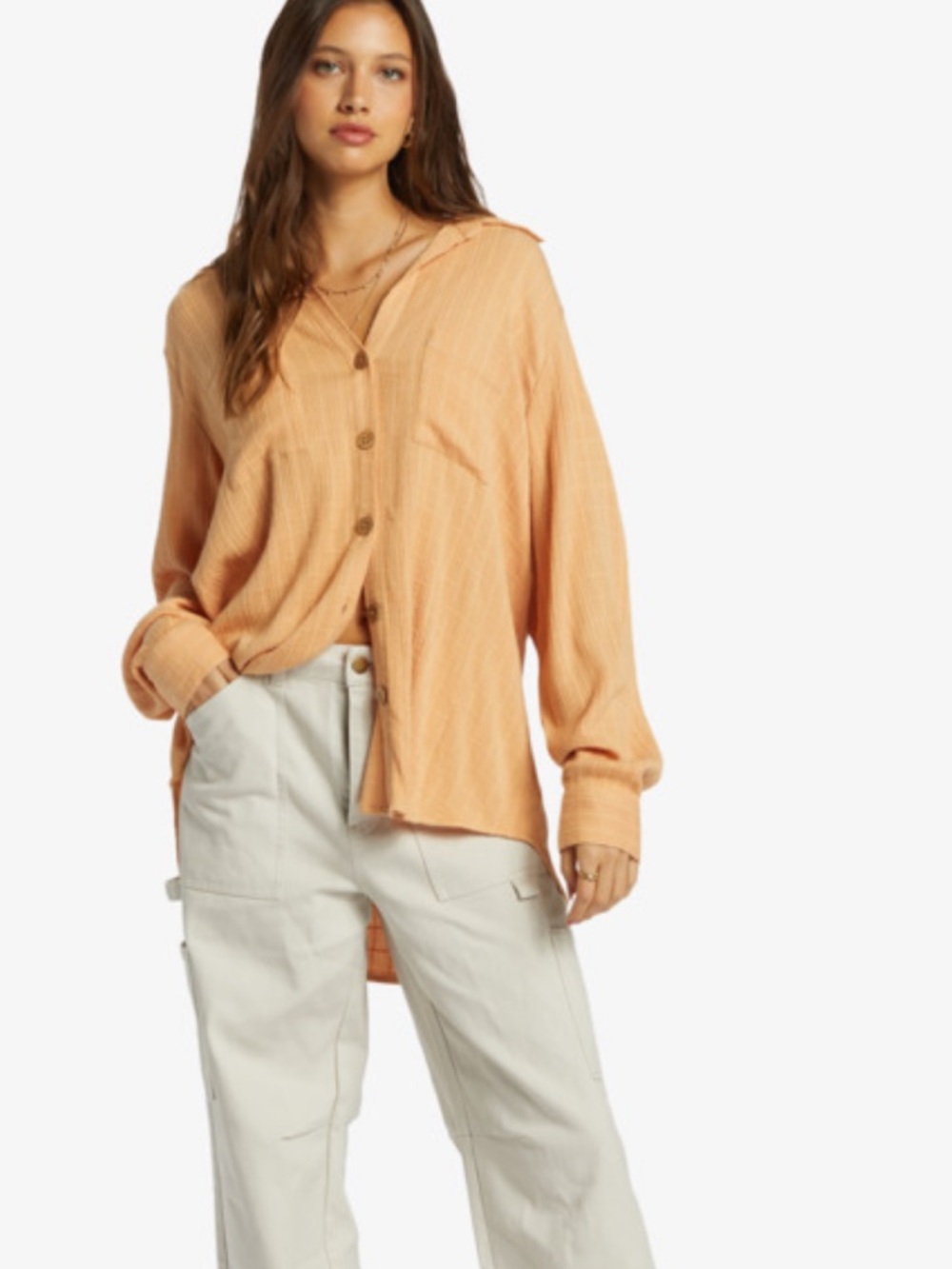 Billabong Wanderer Long Sleeve Woven Top Plaid Shirt Orange